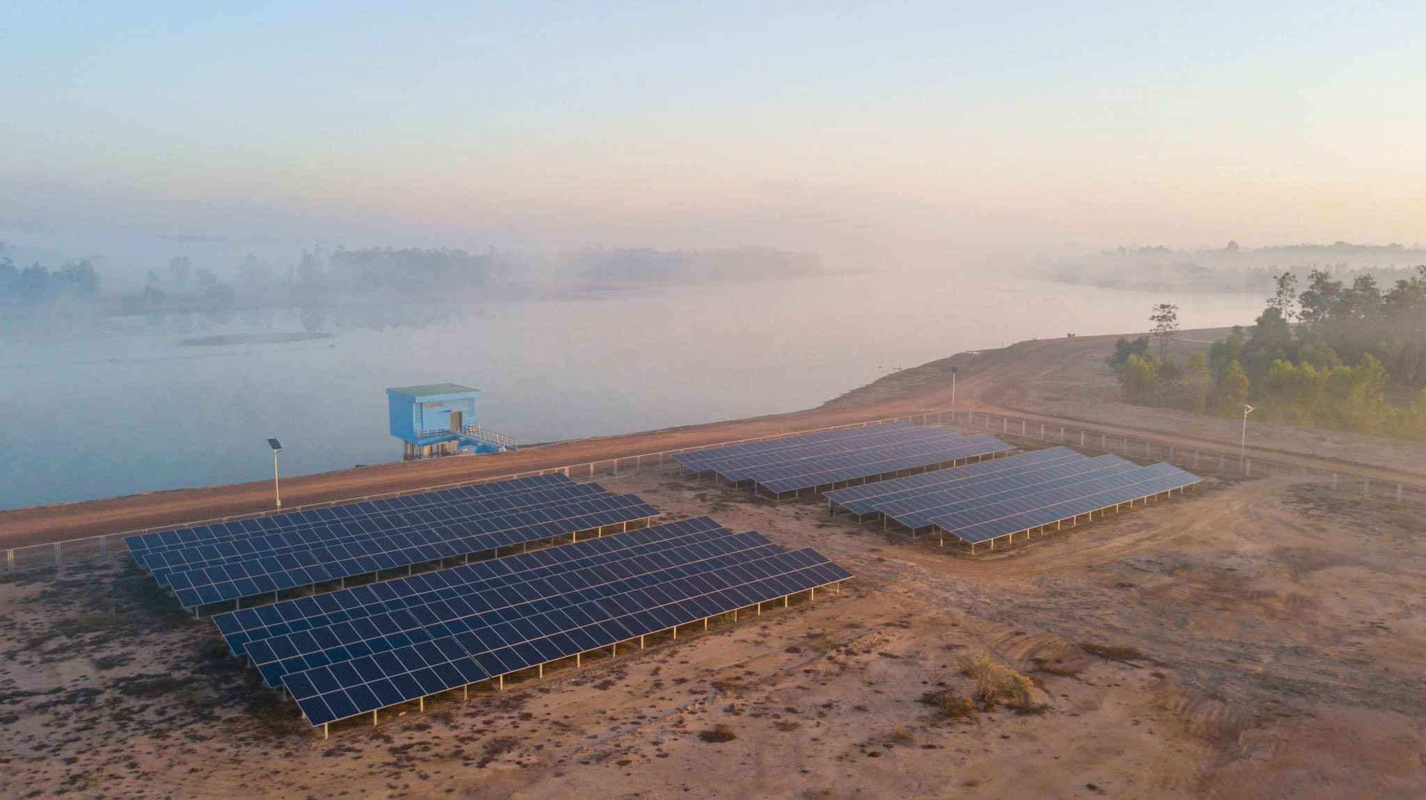 Aerial irrigation farm with solar arrays