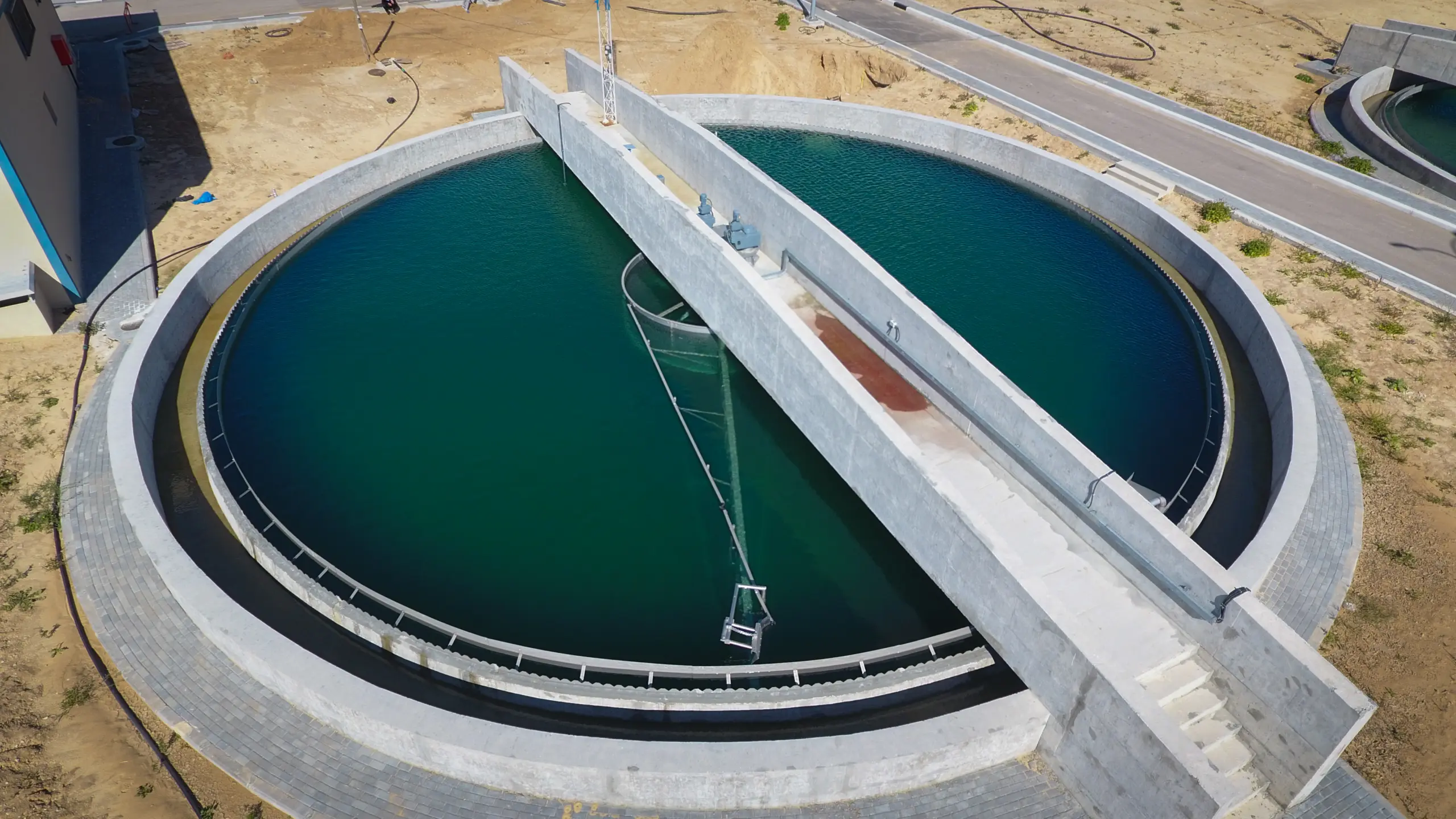 Circular treatment basin close-up at Gaza Central treatment plant