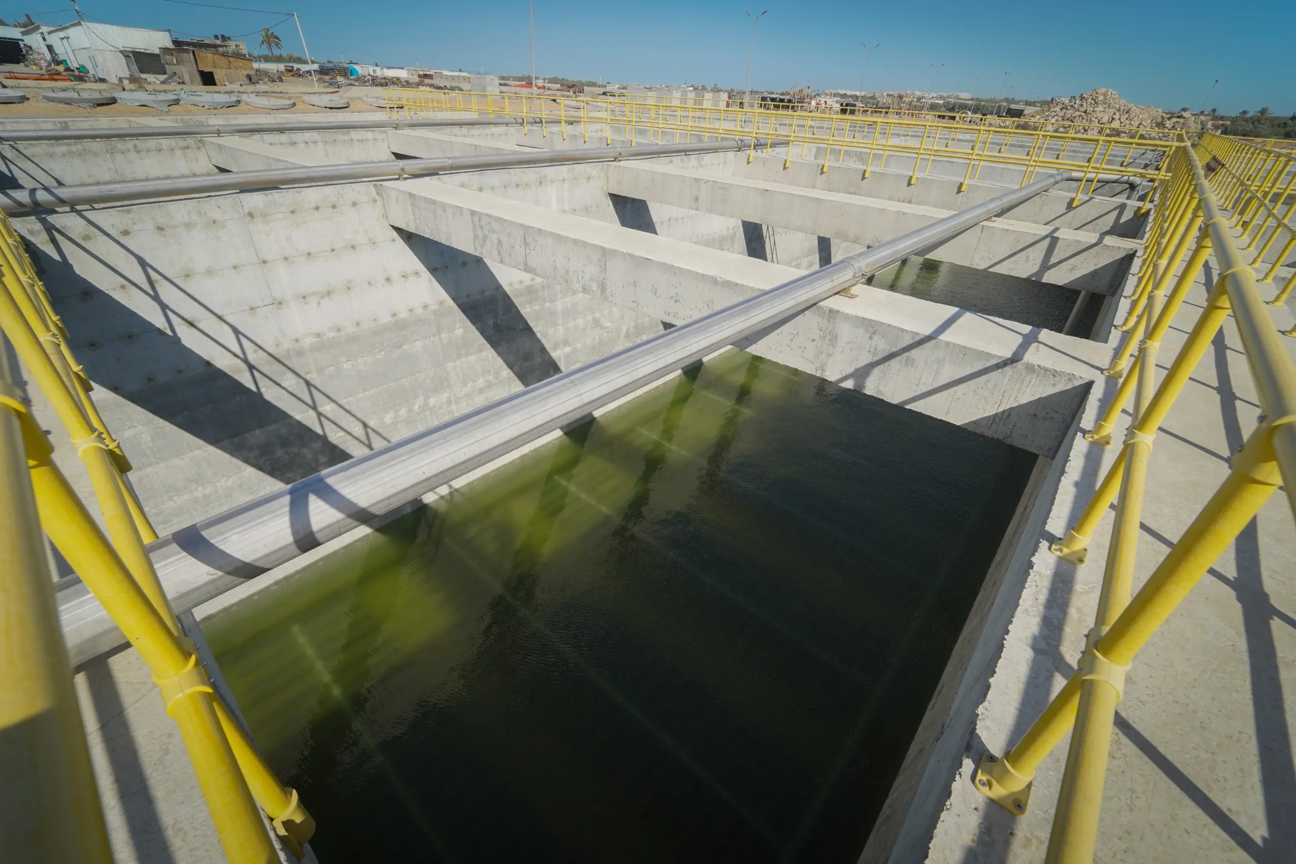 Concrete water treatment channels at Gaza central wastewater treatment plant
