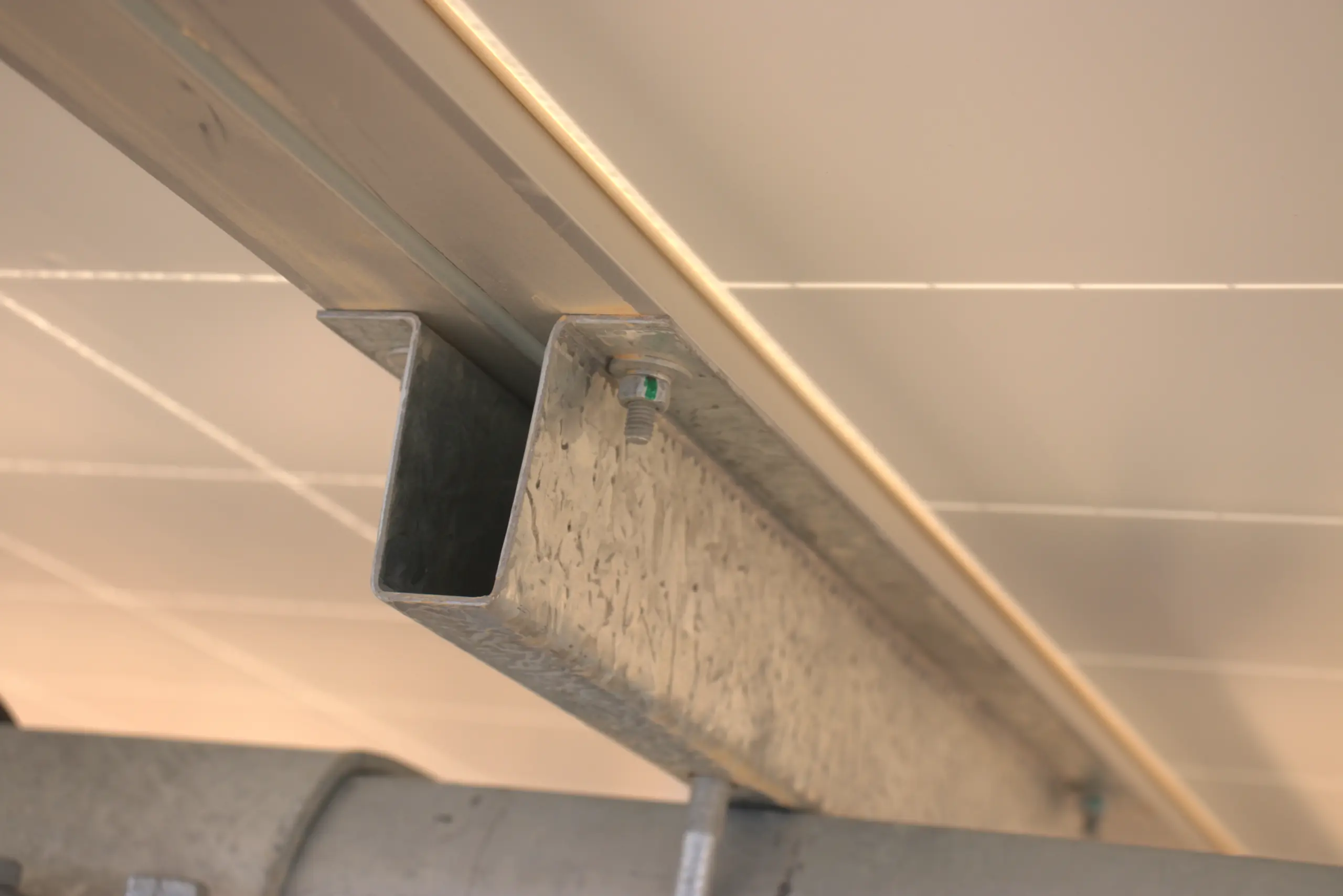 Close-up of the galvanized steel module mounting connection