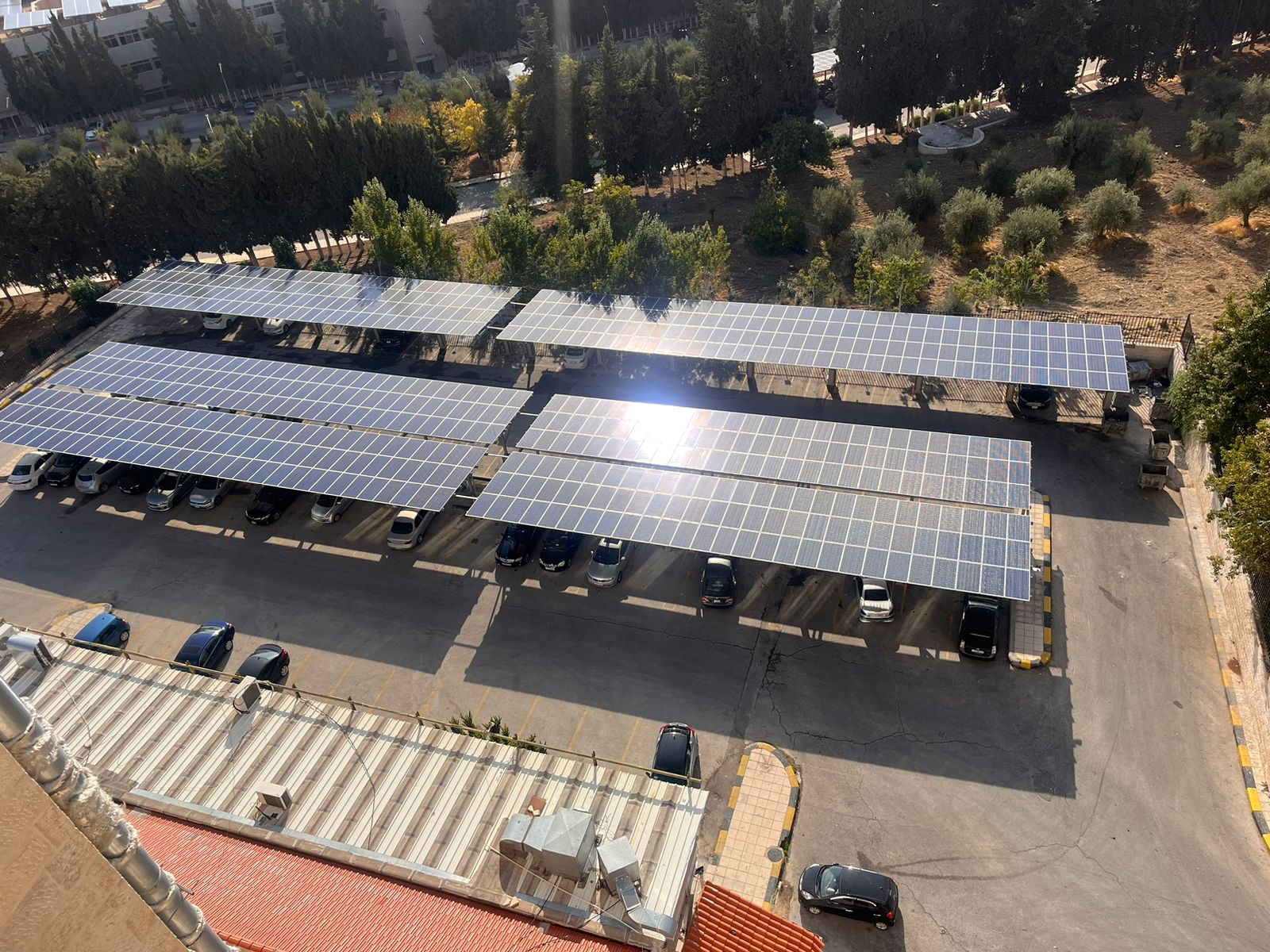 Aerial view of solar canopies over parking areas